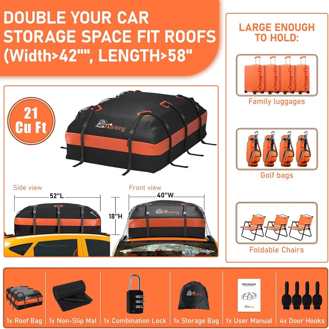 Asinking 900D Roof Bag, 21 Cu Ft, 10 Straps — view 5