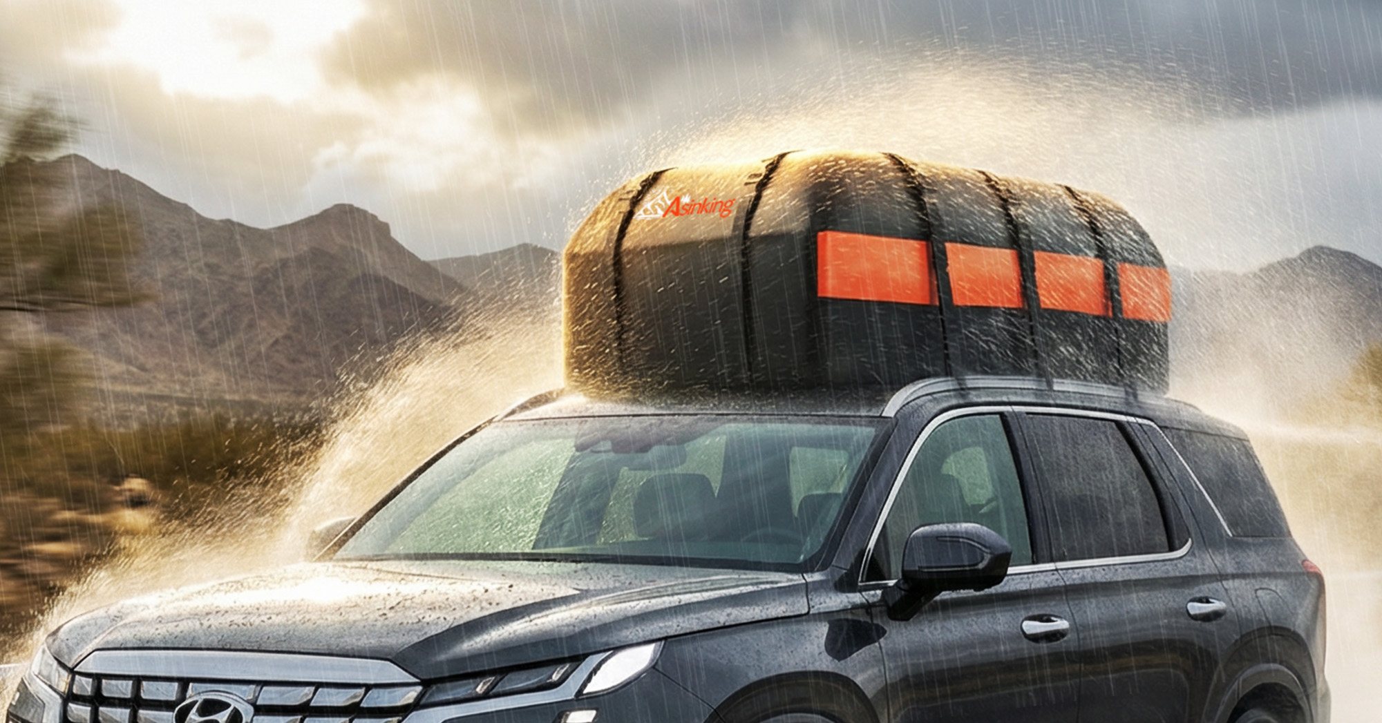 Asinking rooftop cargo bag strapped on an SUV on a dirt road