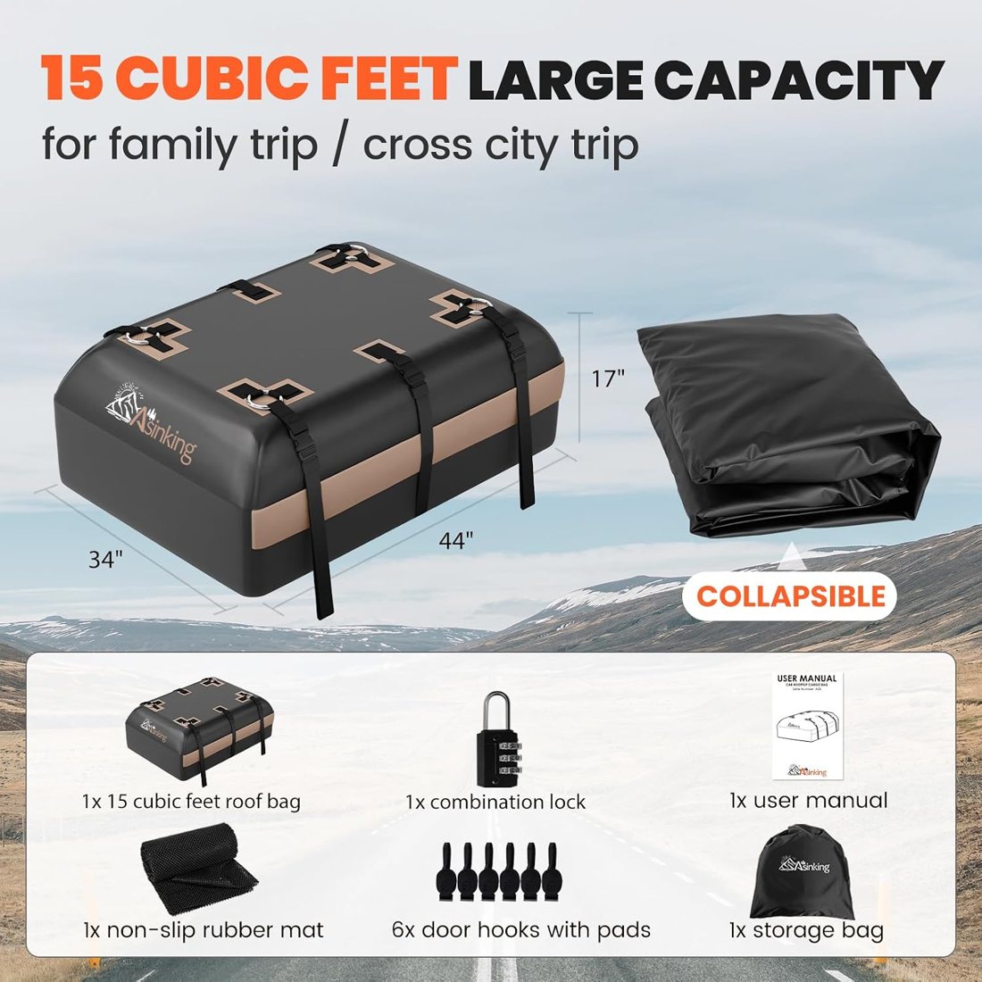Asinking Triple-Reinforced Roof Bag, 15 Cu Ft, Brown — view 5
