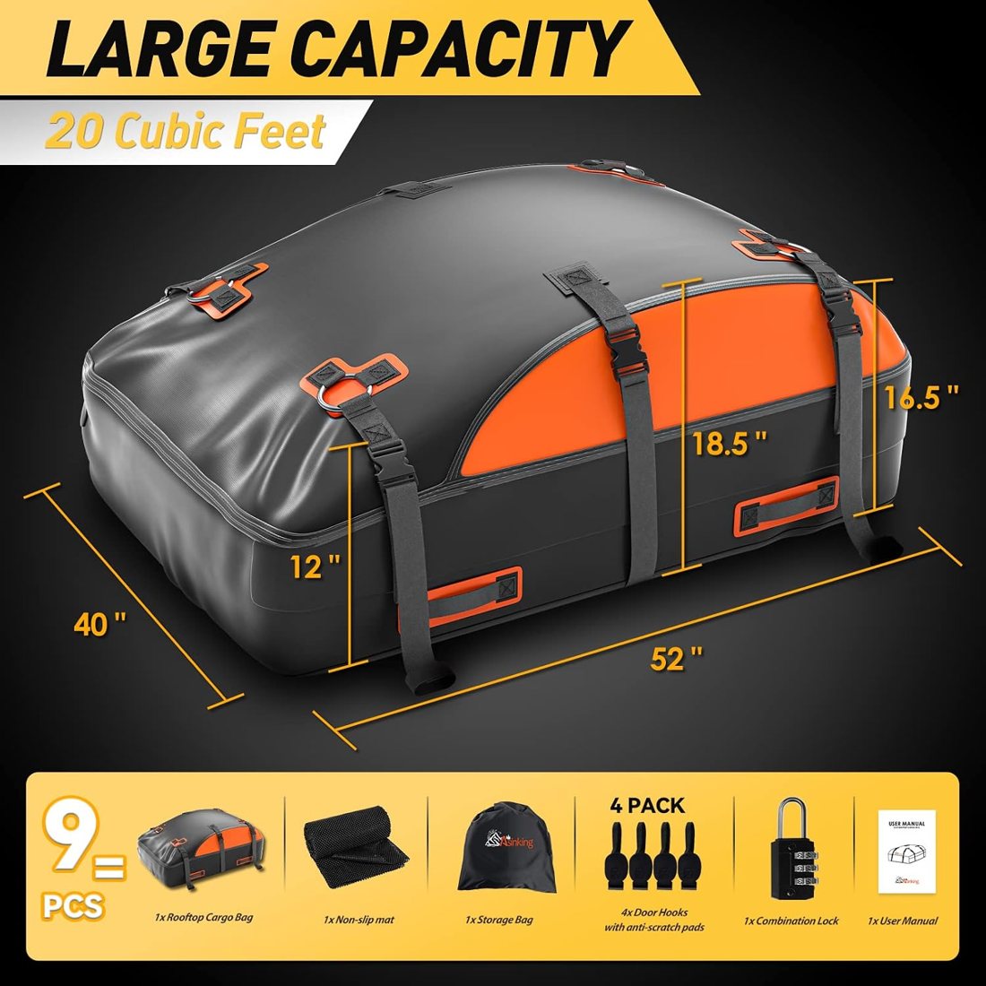 Asinking Ultimate Roof Bag, 20 Cu Ft, Black & Orange — view 3