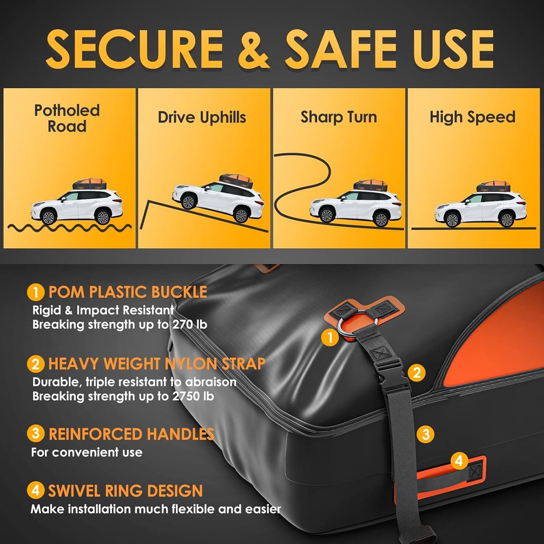 Asinking Ultimate Roof Bag, 20 Cu Ft, Black & Orange — view 4